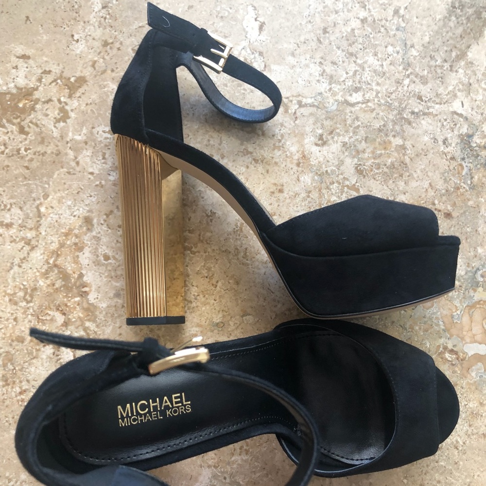 Michael Kors- Black Suede Platform w/ Gold Heel